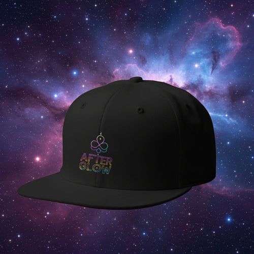 Side view of the black Afterglow snapback cap with embroidered logo